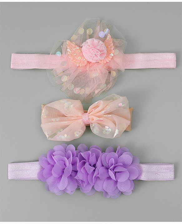 Babyhug Free Size Headbands With Floral & Bow Applique - Pink & Purple