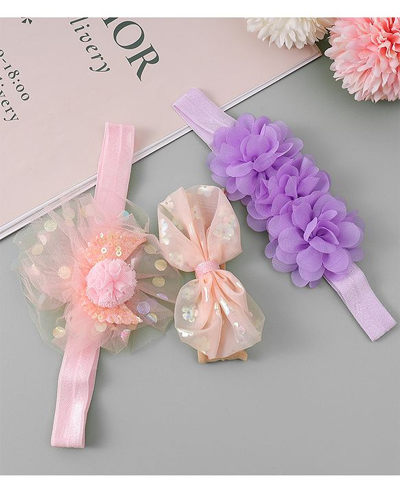 Babyhug Free Size Headbands With Floral & Bow Applique - Pink & Purple