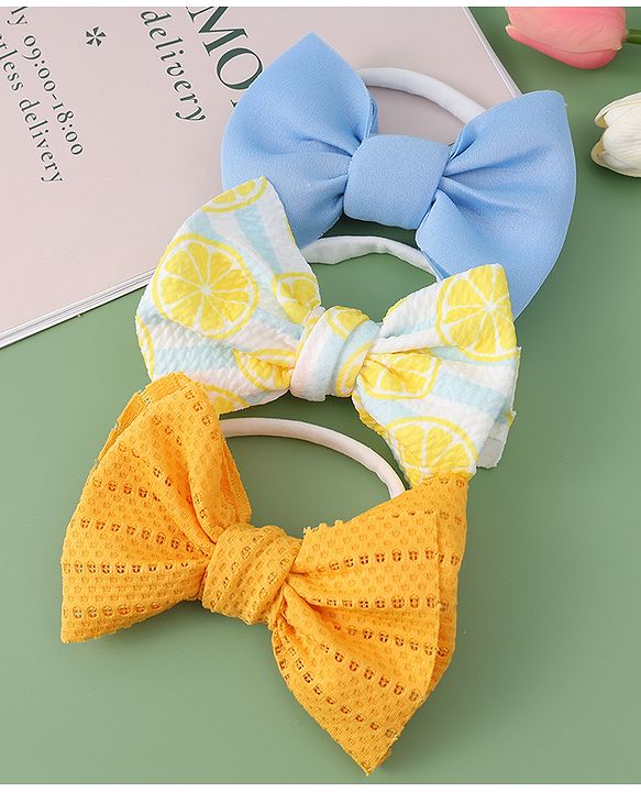 Babyhug Free Size Headbands With Bow Applique Pack of 3- Yellow & Blue
