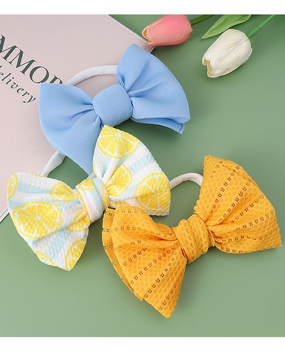 Babyhug Free Size Headbands With Bow Applique Pack of 3- Yellow & Blue