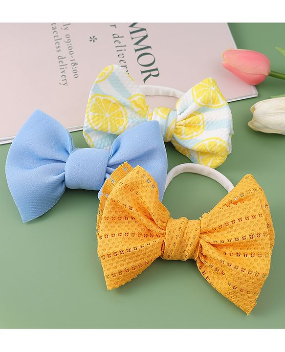Babyhug Free Size Headbands With Bow Applique Pack of 3- Yellow & Blue