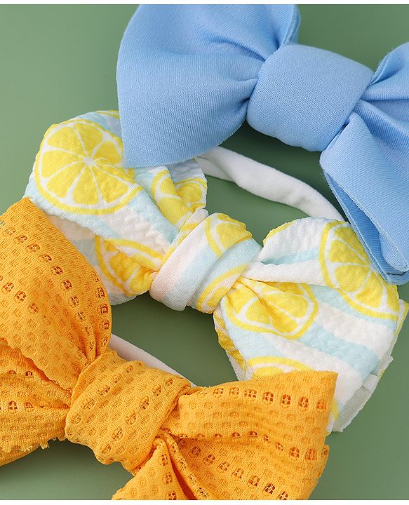 Babyhug Free Size Headbands With Bow Applique Pack of 3- Yellow & Blue
