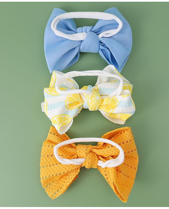 Babyhug Free Size Headbands With Bow Applique Pack of 3- Yellow & Blue