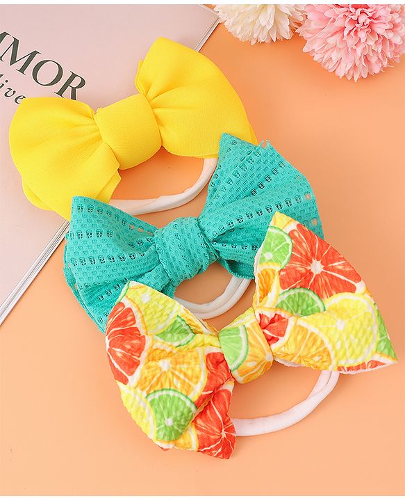 Babyhug Free Size Headbands with Bow Applique Pack of 3 - Yellow & Blue
