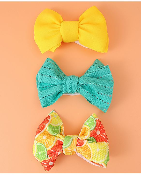 Babyhug Free Size Headbands with Bow Applique Pack of 3 - Yellow & Blue