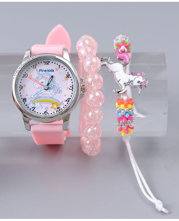 Pine Kids Analog Watch Unicorn Print With Beaded Bracelet Set - Pink