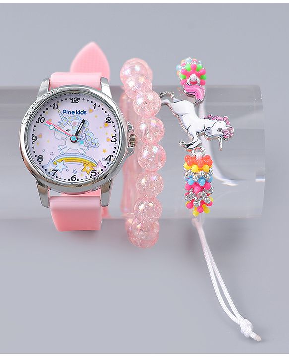 Pine Kids Analog Watch Unicorn Print With Beaded Bracelet Set - Pink