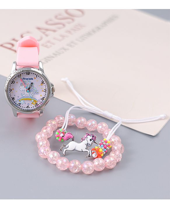 Pine Kids Analog Watch Unicorn Print With Beaded Bracelet Set - Pink