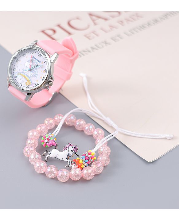 Pine Kids Analog Watch Unicorn Print With Beaded Bracelet Set - Pink