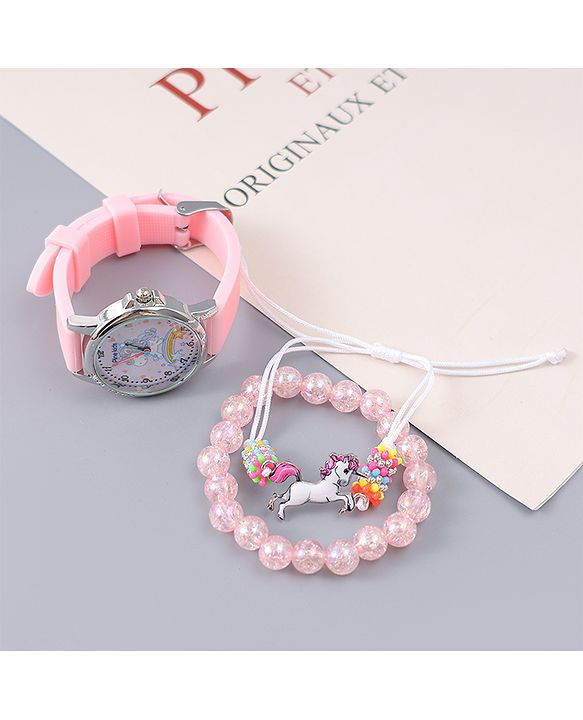 Pine Kids Analog Watch Unicorn Print With Beaded Bracelet Set - Pink