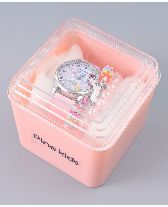 Pine Kids Analog Watch Unicorn Print With Beaded Bracelet Set - Pink