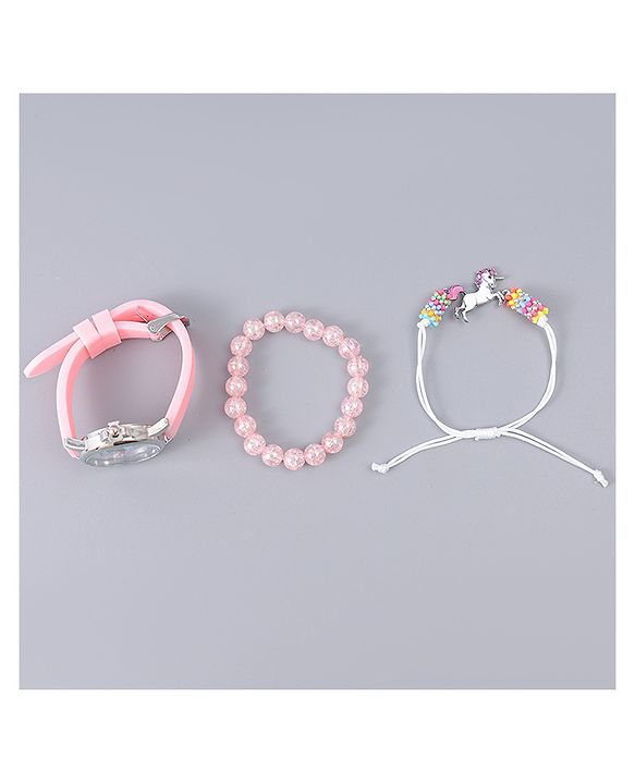 Pine Kids Analog Watch Unicorn Print With Beaded Bracelet Set - Pink