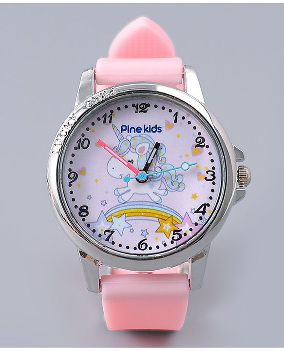 Pine Kids Analog Watch Unicorn Print With Beaded Bracelet Set - Pink