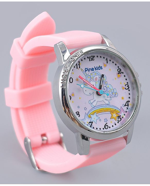 Pine Kids Analog Watch Unicorn Print With Beaded Bracelet Set - Pink