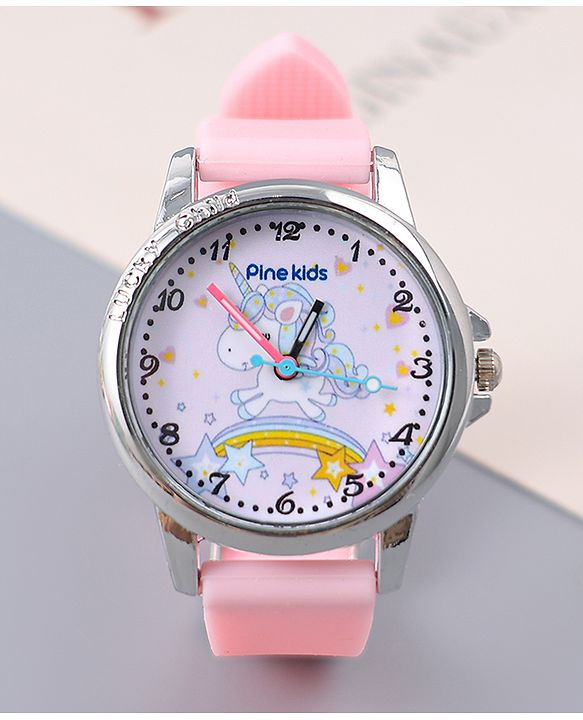 Pine Kids Analog Watch Unicorn Print With Beaded Bracelet Set - Pink