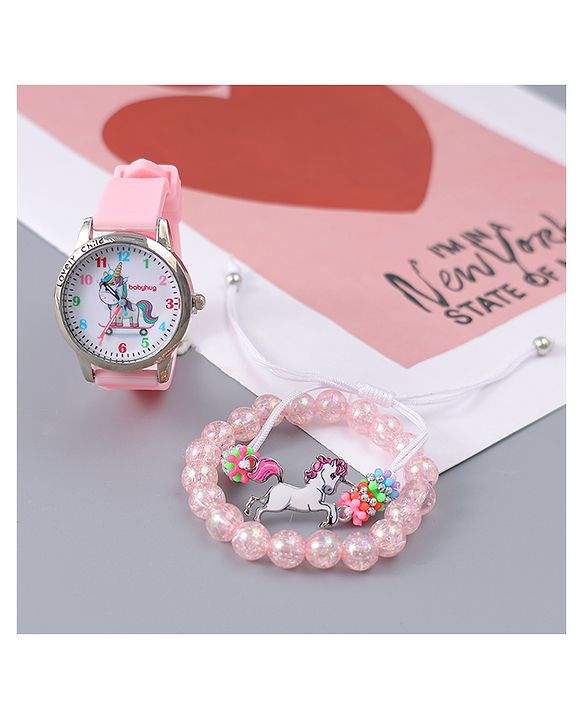 Babyhug Analog Watch Unicorn Print With Beaded Bracelet Set - Pink