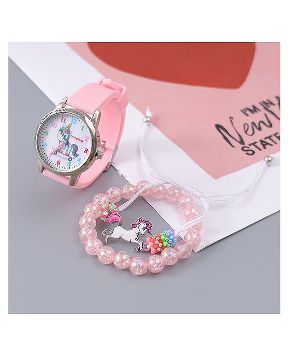 Babyhug Analog Watch Unicorn Print With Beaded Bracelet Set - Pink