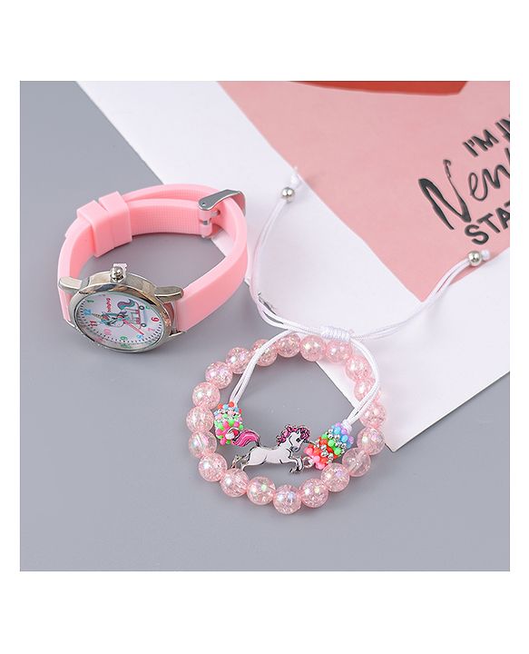 Babyhug Analog Watch Unicorn Print With Beaded Bracelet Set - Pink