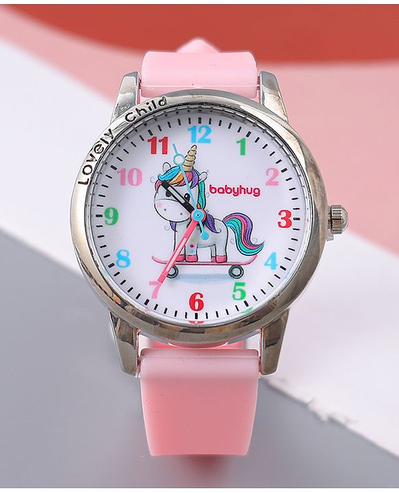 Babyhug Analog Watch Unicorn Print With Beaded Bracelet Set - Pink