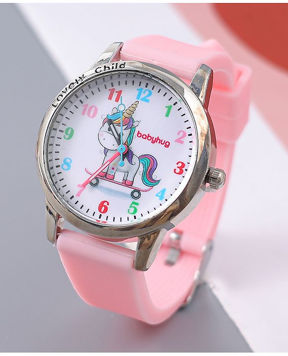 Babyhug Analog Watch Unicorn Print With Beaded Bracelet Set - Pink