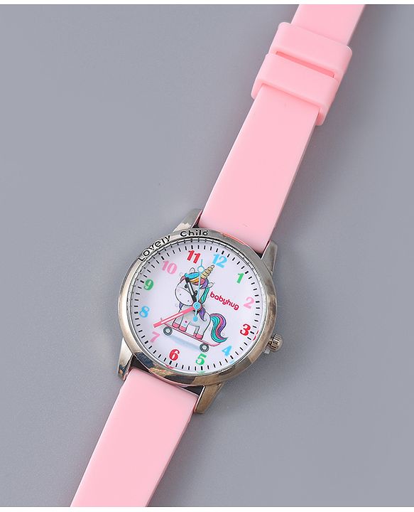Babyhug Analog Watch Unicorn Print With Beaded Bracelet Set - Pink