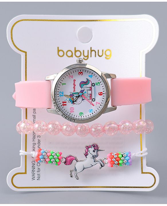Babyhug Analog Watch Unicorn Print With Beaded Bracelet Set - Pink