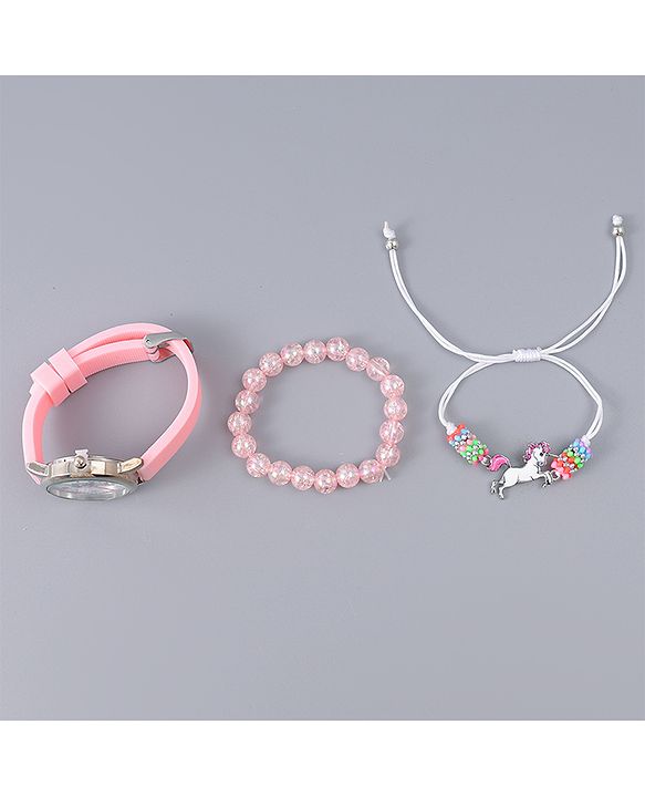 Babyhug Analog Watch Unicorn Print With Beaded Bracelet Set - Pink