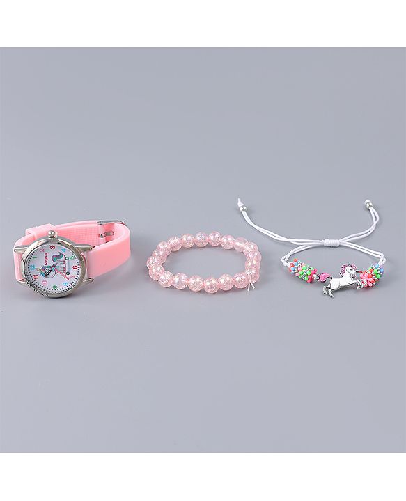 Babyhug Analog Watch Unicorn Print With Beaded Bracelet Set - Pink