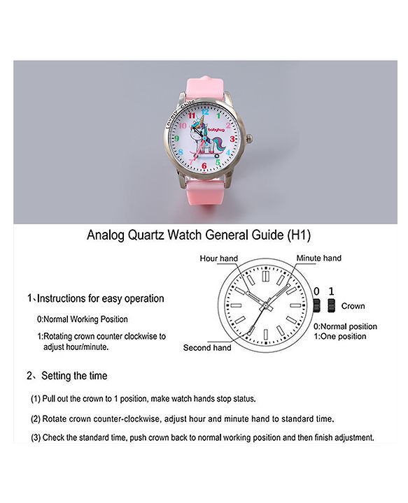 Babyhug Analog Watch Unicorn Print With Beaded Bracelet Set - Pink