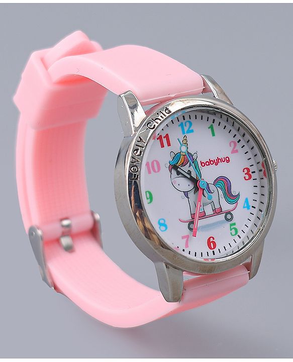 Babyhug Analog Watch Unicorn Print With Beaded Bracelet Set - Pink