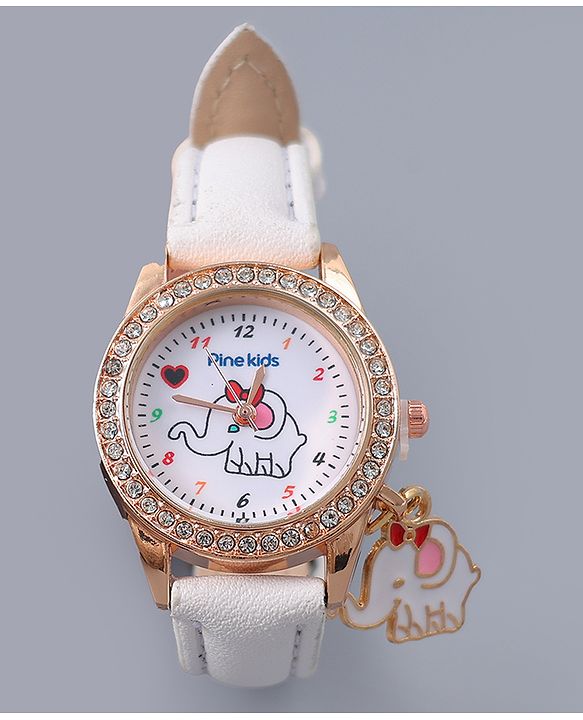 Pine Kids Free Size Analog Watch With Elephant Applique - White