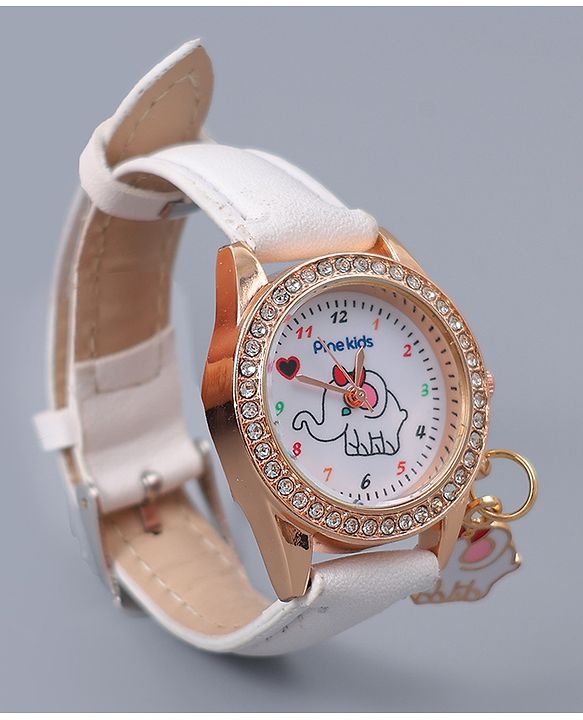 Pine Kids Free Size Analog Watch With Elephant Applique - White