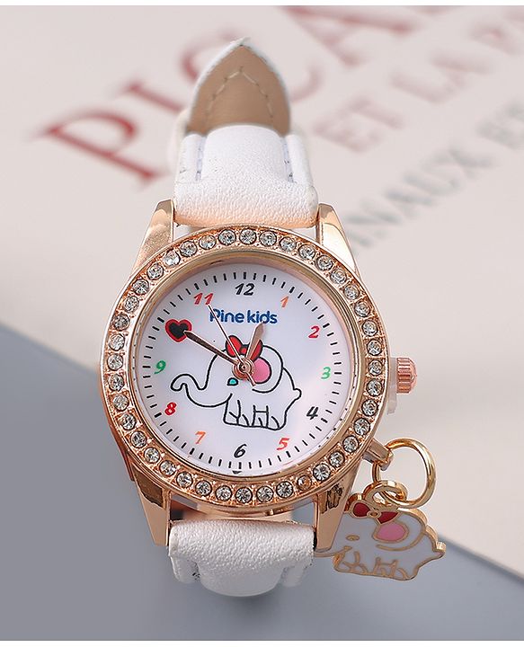 Pine Kids Free Size Analog Watch With Elephant Applique - White