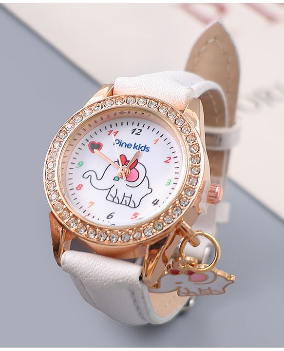 Pine Kids Free Size Analog Watch With Elephant Applique - White