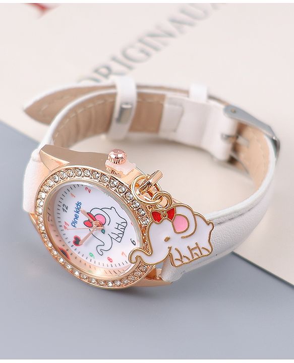 Pine Kids Free Size Analog Watch With Elephant Applique - White