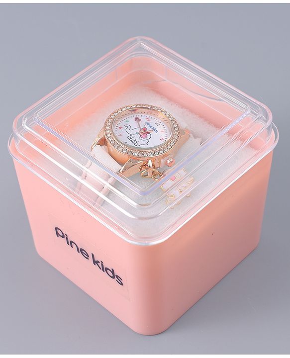 Pine Kids Free Size Analog Watch With Elephant Applique - White