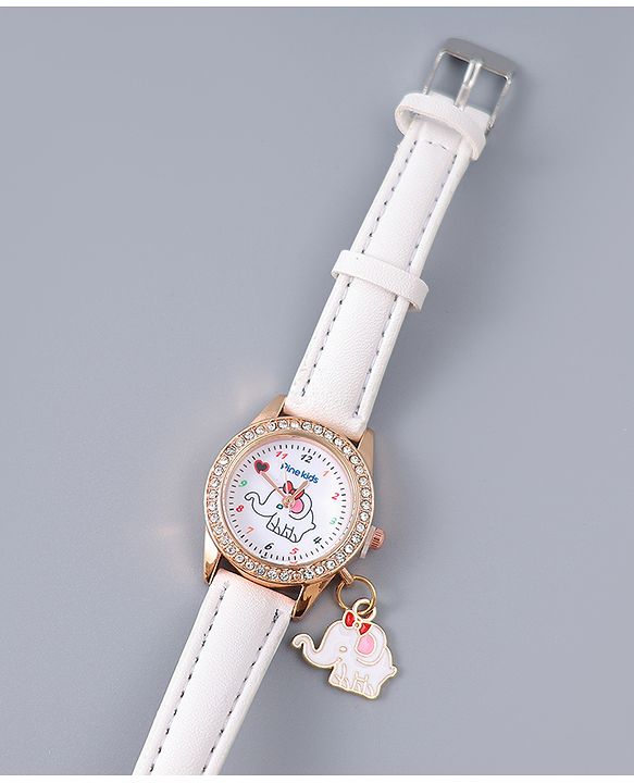 Pine Kids Free Size Analog Watch With Elephant Applique - White
