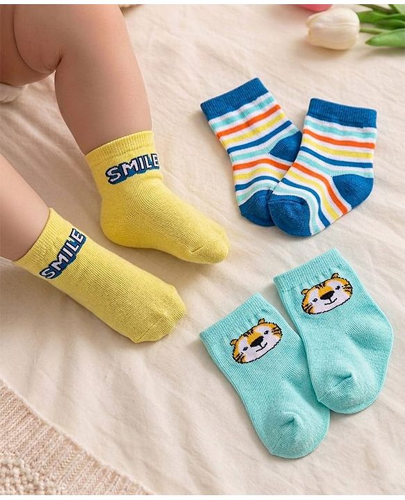 Cute Walk By Babyhug Knit Anti-Bacterial Ankle Length Socks With Text & Tiger Design Pack of 3 - Yellow & Blue