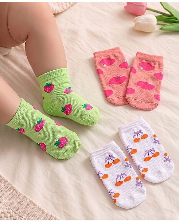 Cute Walk by Babyhug Knit Ankle Length Antibacterial Socks with Fruits Design Pack of 3 - Light Green Coral & White