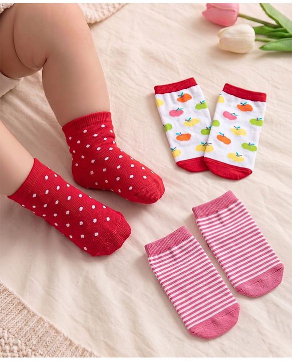 Cute Walk By Babyhug Knit Anti- Bacterial Ankle Length Striped Socks With Fruit & Polka Dot Design Pack of 3 - Red White & Pink