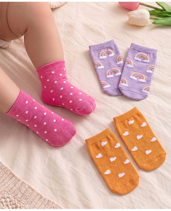 Cute Walk By Babyhug Anti-Bacterial Ankle Length Socks With Polka Dot & Heart Design Pack of 3 - Dark Pink Purple & Orange