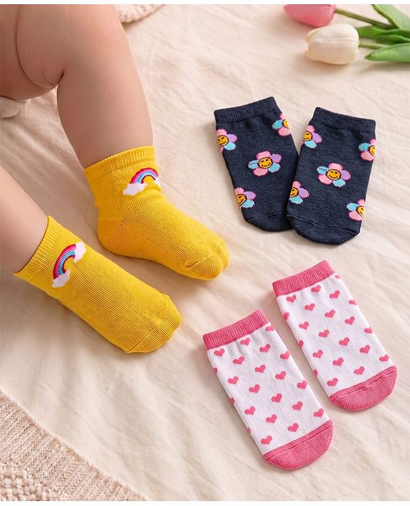 Cute Walk by Babyhug Knit Ankle Length Antibacterial Socks with Floral Rainbow & Hearts Design Pack of 3 - Black Yellow & White