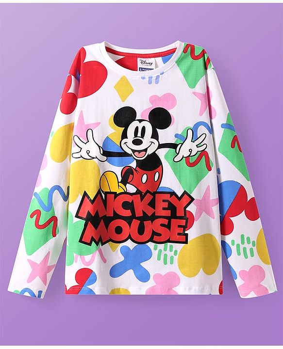 Pine Kids Disney Single Jersey Full Drop Shoulder Sleeves Night Suit with Mickey Mouse Graphic - White & Red
