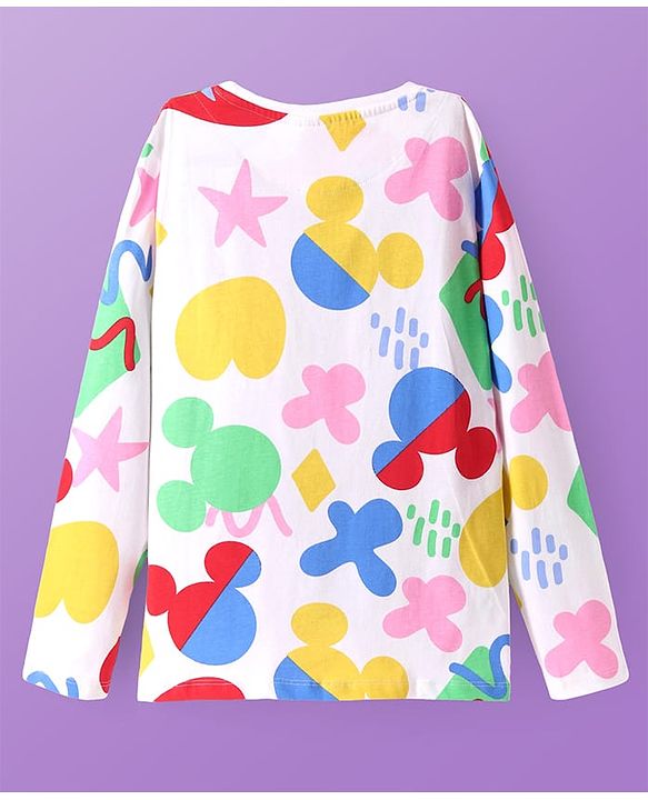 Pine Kids Disney Single Jersey Full Drop Shoulder Sleeves Night Suit with Mickey Mouse Graphic - White & Red