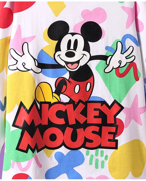 Pine Kids Disney Single Jersey Full Drop Shoulder Sleeves Night Suit with Mickey Mouse Graphic - White & Red