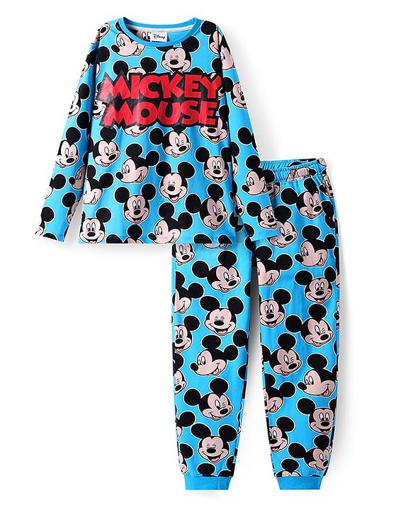 Pine Kids Disney Single Jersey Knit Full Sleeves Night Suit with Mickey Mouse Graphics - Blue