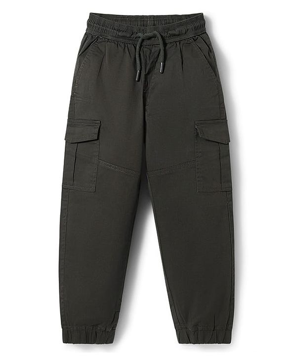 Pine Kids Cotton Woven Full Length  Solid Color Trouser with Pocket - Dark Green