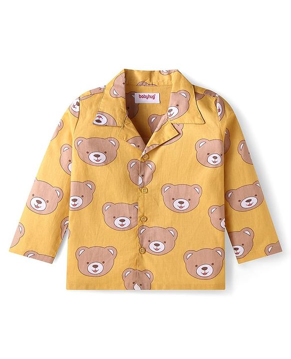 Babyhug Cotton Knit Full Sleeves Night Suit With Teddy Bear Print - Yellow