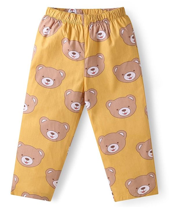 Babyhug Cotton Knit Full Sleeves Night Suit With Teddy Bear Print - Yellow