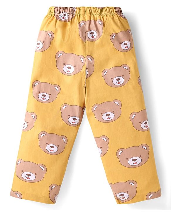 Babyhug Cotton Knit Full Sleeves Night Suit With Teddy Bear Print - Yellow